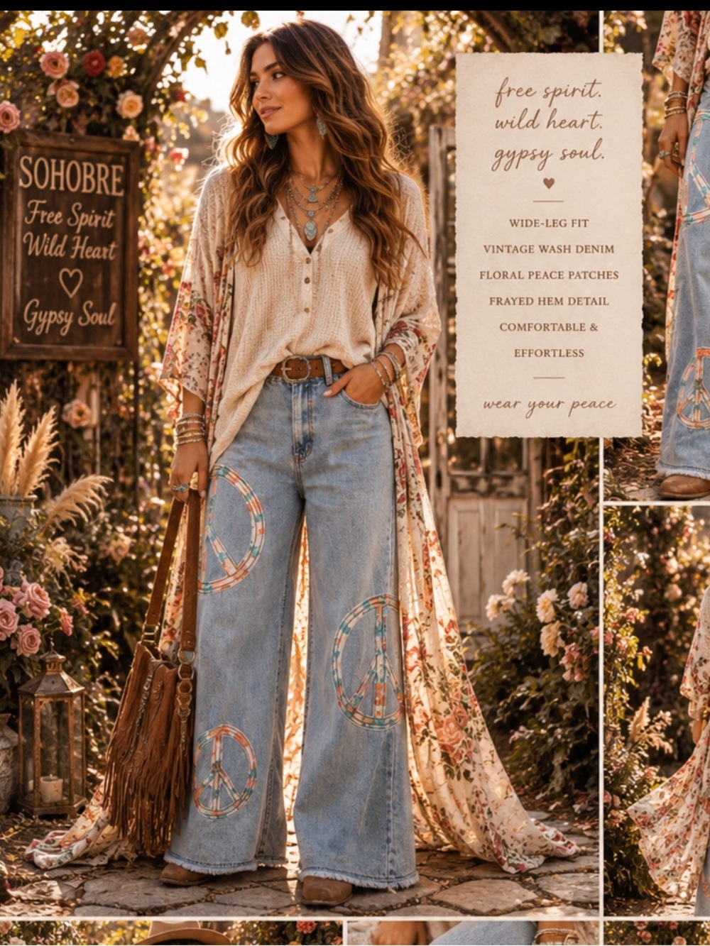 🆕 POL Wide-Leg Denim Peace Jeans Light Blue Flare Jeans with Floral Patches